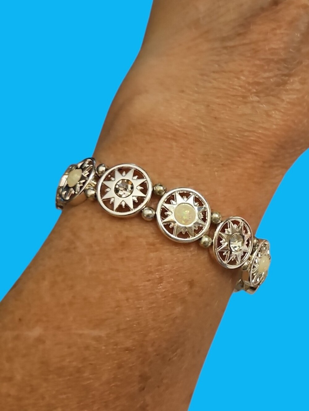 Silver Plated Sunburst Opalite Stretch Bracelet